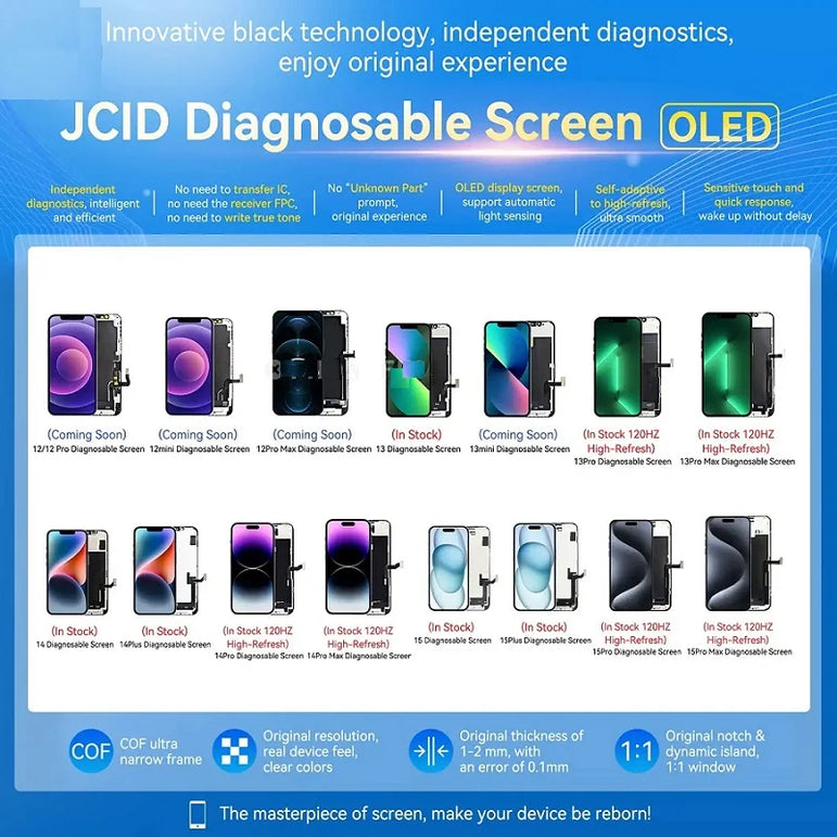 JCID OLED Screen Diagnosable Assembly NEW Soft Hard FHD Touch Display Pantalla For iphone 12 13 15 16 Without IC Removal No Pop