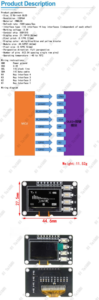 0.96 inch OLED IIC White/YELLOW BLUE/BLUE 12864 OLED Display with 4x4 key I2C SSD1315 LCD Screen Board for Arduino
