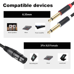 Gold Plated 3 Pin XLR Female To Dual 6.35mm Mono TS Male Cable for Microphone Mixer Amplifier 1 to 3 Meter Options