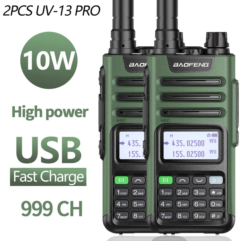 2PCS BAOFENG UV13 Pro V2 10W Waterproof Walkie Talkie UHF/VHF Dual Band UV13PRO with Typ-C Cable Upgrade of UV-10R Two Way Radio