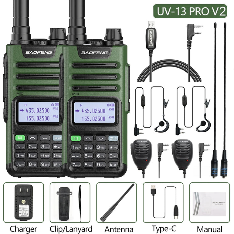 2PCS BAOFENG UV13 Pro V2 10W Waterproof Walkie Talkie UHF/VHF Dual Band UV13PRO with Typ-C Cable Upgrade of UV-10R Two Way Radio
