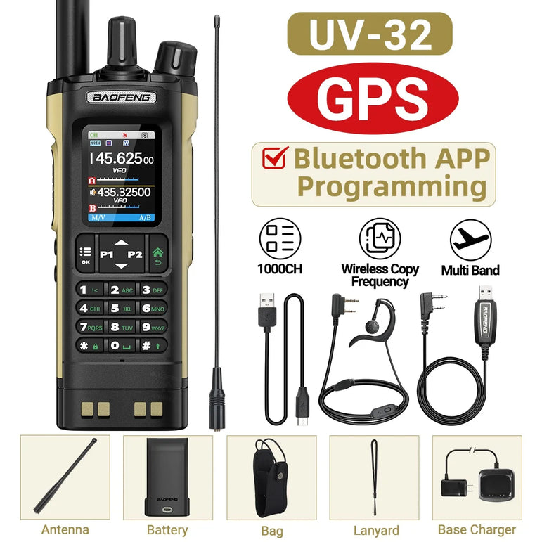 BAOFENG UV-32 Walkie Talkie GPS Multi Band 10W Bluetooth Wireless Programming Copy Frequency 1000CH Long Range Ham Two Way Radio