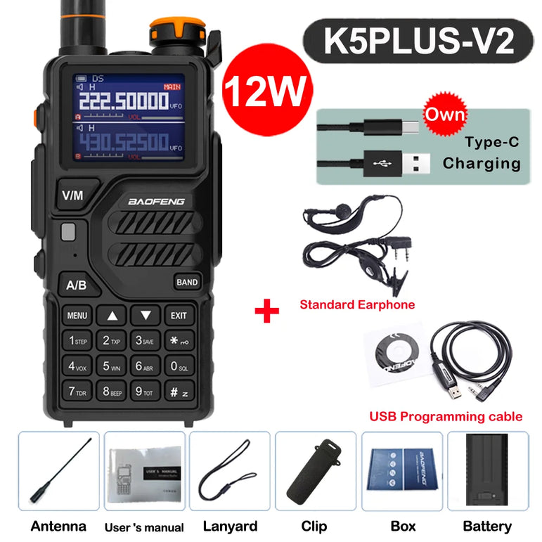 Baofeng 12W UV K5 Plus V2 Walkie Talkie Air Band AM Two Way Comumicador Station Amateur Ham Wireless Receiver Portable Radios