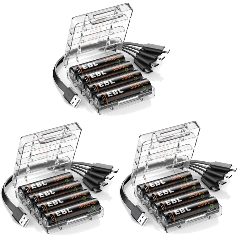 EBL Rechargeable 1.5V AA 3500mWh Lithium Batteries with USB Cable Li-ion Battery 1600+ Cycles For Remote Control Toy