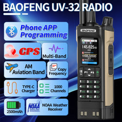 BAOFENG UV-32 Walkie Talkie GPS Multi Band 10W Bluetooth Wireless Programming Copy Frequency 1000CH Long Range Ham Two Way Radio