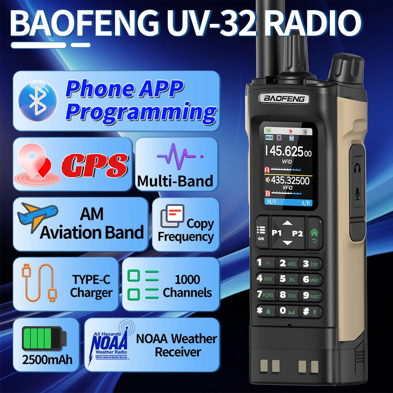 BAOFENG UV-32 Walkie Talkie GPS Multi Band 10W Bluetooth Wireless Programming Copy Frequency 1000CH Long Range Ham Two Way Radio