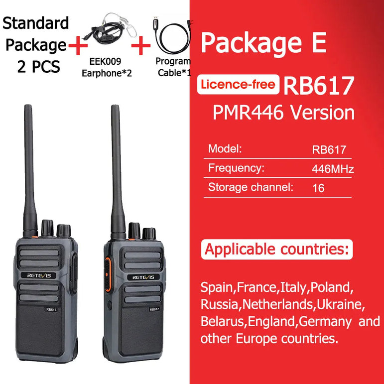 RETEVIS Walkie Talkie PMR RB617 Two-way Radio ht Communicator RB17 PTT Walkie-Talkies 2 pcs 4400mAh for Hunting Hotel Restaurant