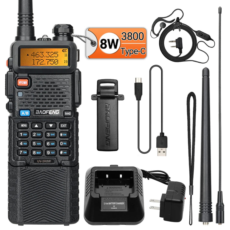 Baofeng UV-5R 8W Long Range Walkie Talkie 3800mAh Type-c Ham Amateur Communication Two Way Radio for Adults Camping