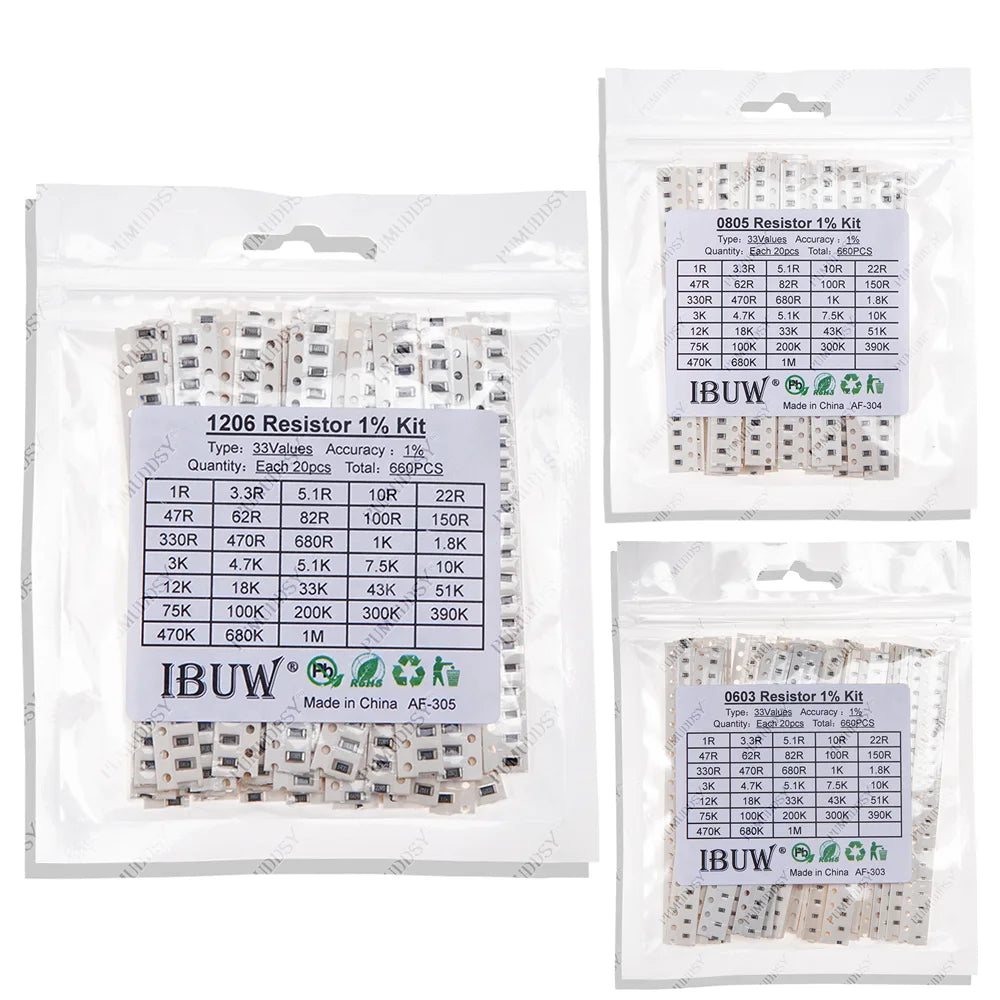 33ValuesX 20pcs=660pcs 0603 0805 1206 Resistor Kit Assorted 1R To 1M Ohm 1% SMD Sample Kit DIY 3.3R 5.1R 10R 47R 62R 82R 1K 10K