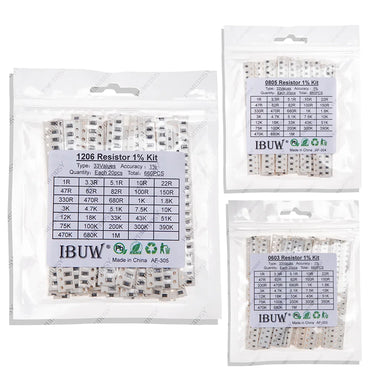 33ValuesX 20pcs=660pcs 0603 0805 1206 Resistor Kit Assorted 1R To 1M Ohm 1% SMD Sample Kit DIY 3.3R 5.1R 10R 47R 62R 82R 1K 10K