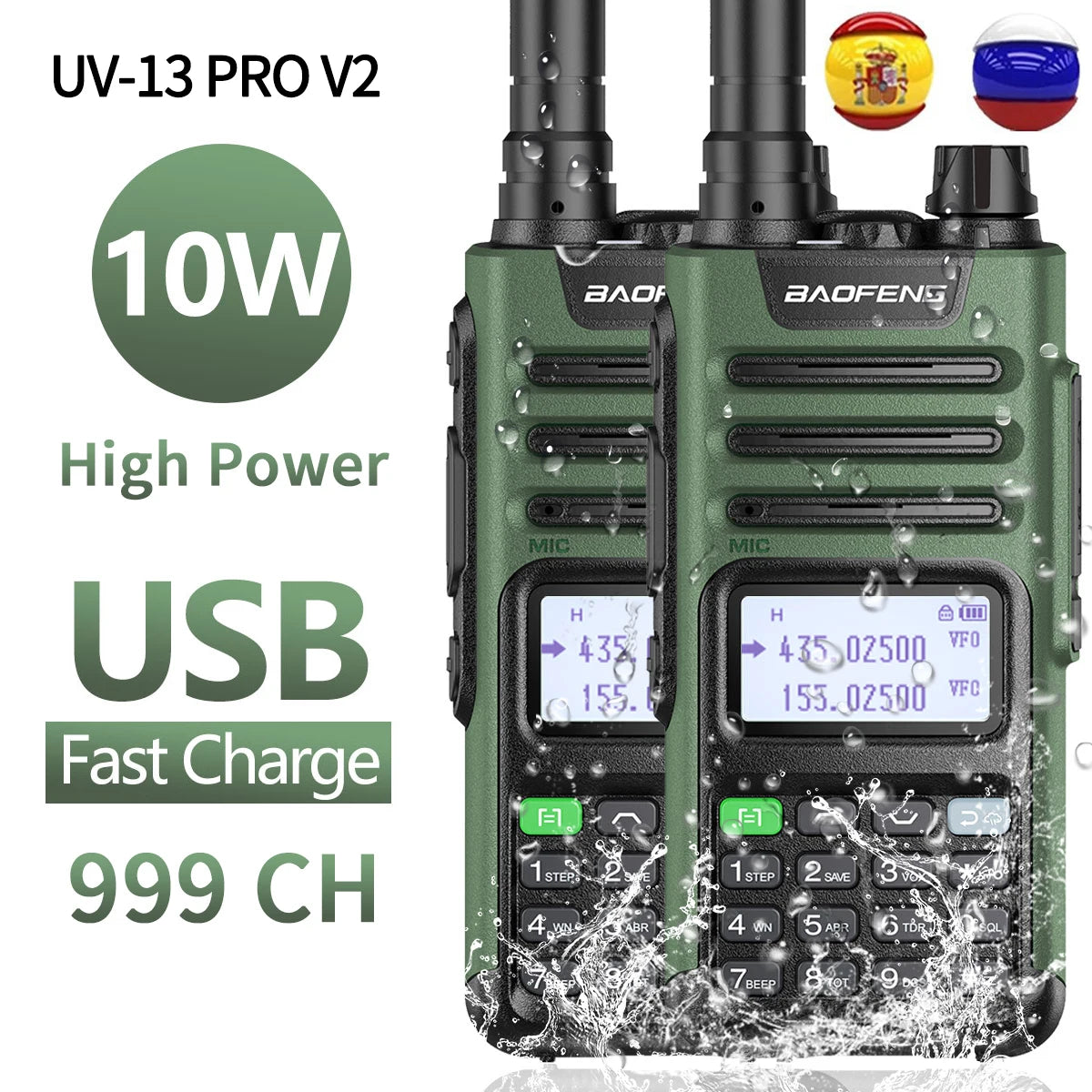 2PCS BAOFENG UV13 Pro V2 10W Waterproof Walkie Talkie UHF/VHF Dual Band UV13PRO with Typ-C Cable Upgrade of UV-10R Two Way Radio