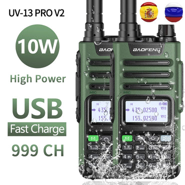 2PCS BAOFENG UV13 Pro V2 10W Waterproof Walkie Talkie UHF/VHF Dual Band UV13PRO with Typ-C Cable Upgrade of UV-10R Two Way Radio