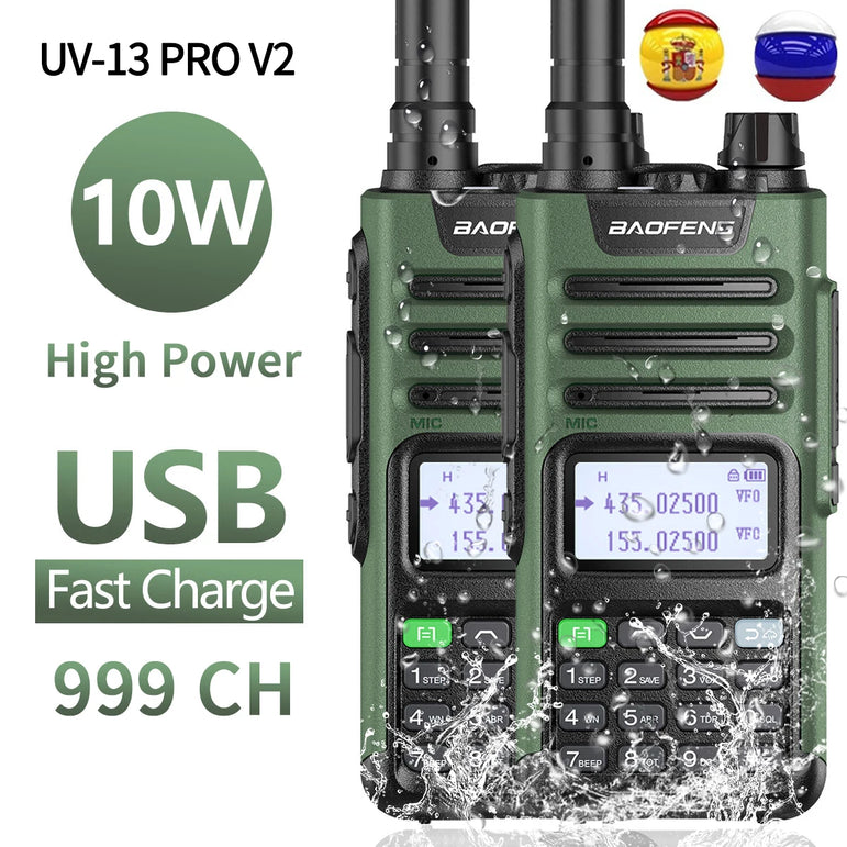 2PCS BAOFENG UV13 Pro V2 10W Waterproof Walkie Talkie UHF/VHF Dual Band UV13PRO with Typ-C Cable Upgrade of UV-10R Two Way Radio