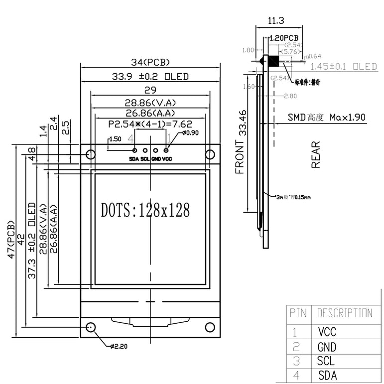1.5 Inch OLED LCD Module White Display 128*128 Dots Driver Chip SH1107 COG I2C IIC 4PIN 3V-5V