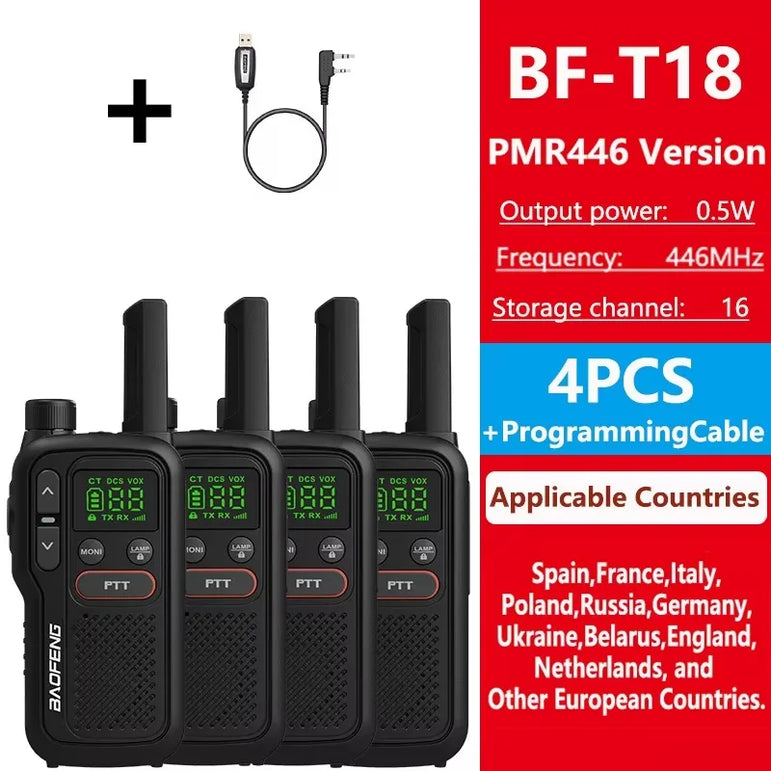 Baofeng BF-T18 PMR446 Walkie Talkie Type-C Charge European 446MHz 16 Channels Long Range Upgraded BF-T20 Mini Two Way Ham Radios
